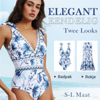 Damesmode. gestrikte schouder. bedrukt badpak en rok Ik ben