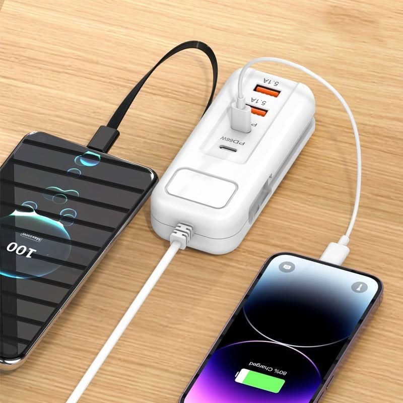 🎄Kerstdeal ALTIJD 50% KORTING!⚡ 66W Multifunctioneel Snellaadstopcontact (2PD+2USB): Ingebouwde Type-C Kabel + UK/EU/US Plug – Veilig & Compact！
