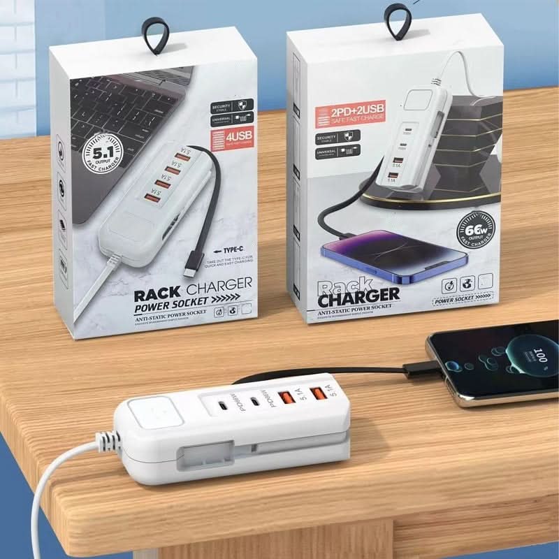 🎄Kerstdeal ALTIJD 50% KORTING!⚡ 66W Multifunctioneel Snellaadstopcontact (2PD+2USB): Ingebouwde Type-C Kabel + UK/EU/US Plug – Veilig & Compact！