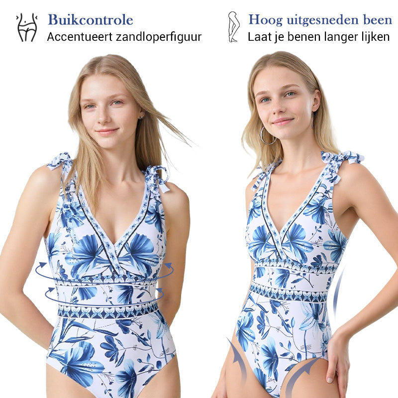 Damesmode. gestrikte schouder. bedrukt badpak en rok Ik ben