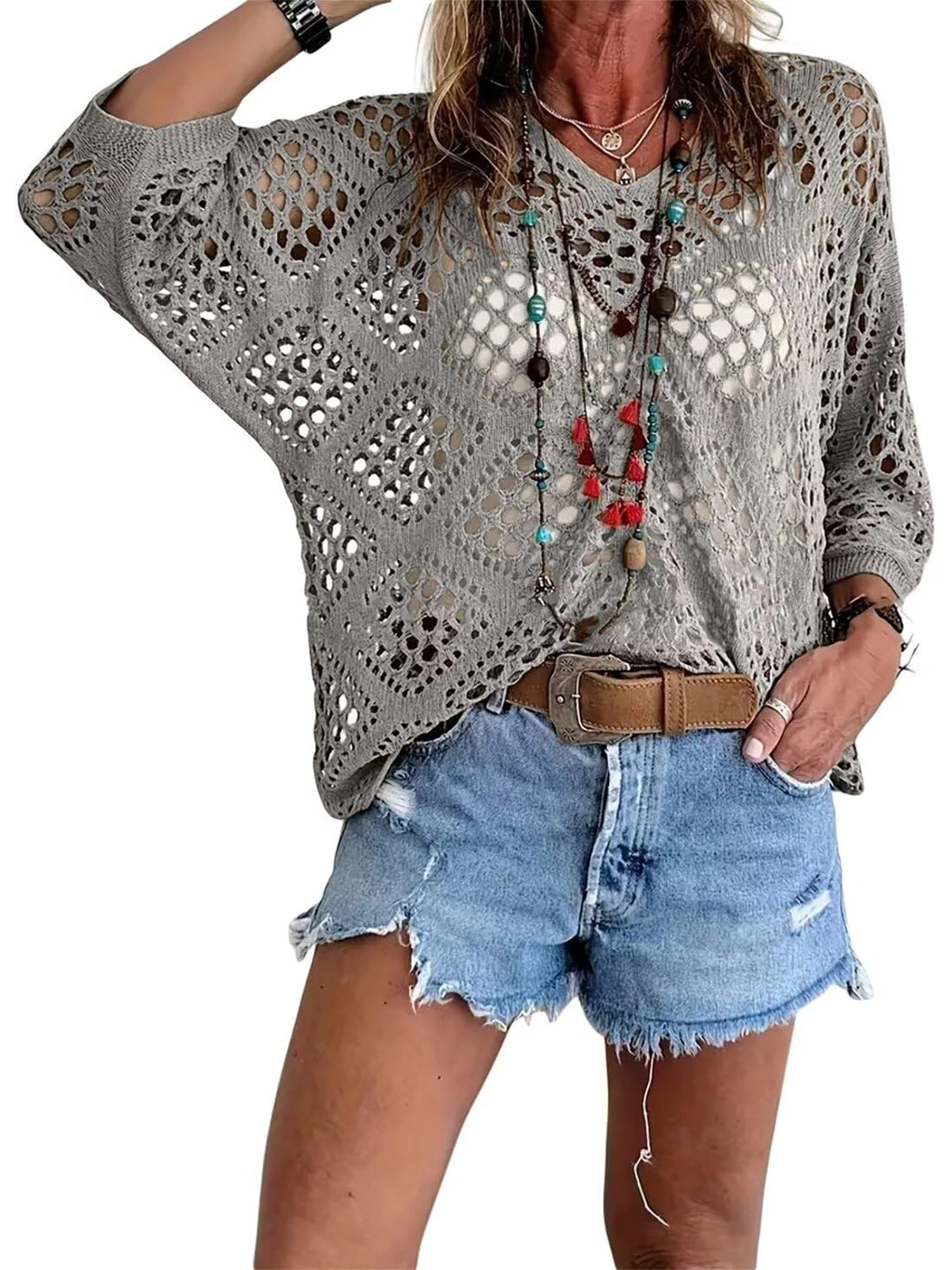 ⏰ 50% korting 🔥 Hot Sale - Dames top in bohemian stijl met beige haakwerk en V-hals