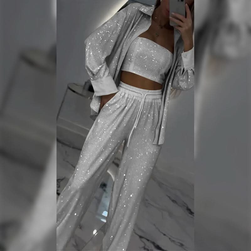 Glitter Blazer Met Pailletten en Wijde Broek voor dames(3-delige Set)