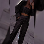 Glitter Blazer Met Pailletten en Wijde Broek voor dames(3-delige Set)