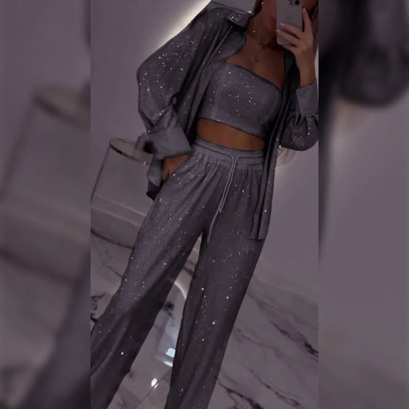 Glitter Blazer Met Pailletten en Wijde Broek voor dames(3-delige Set)