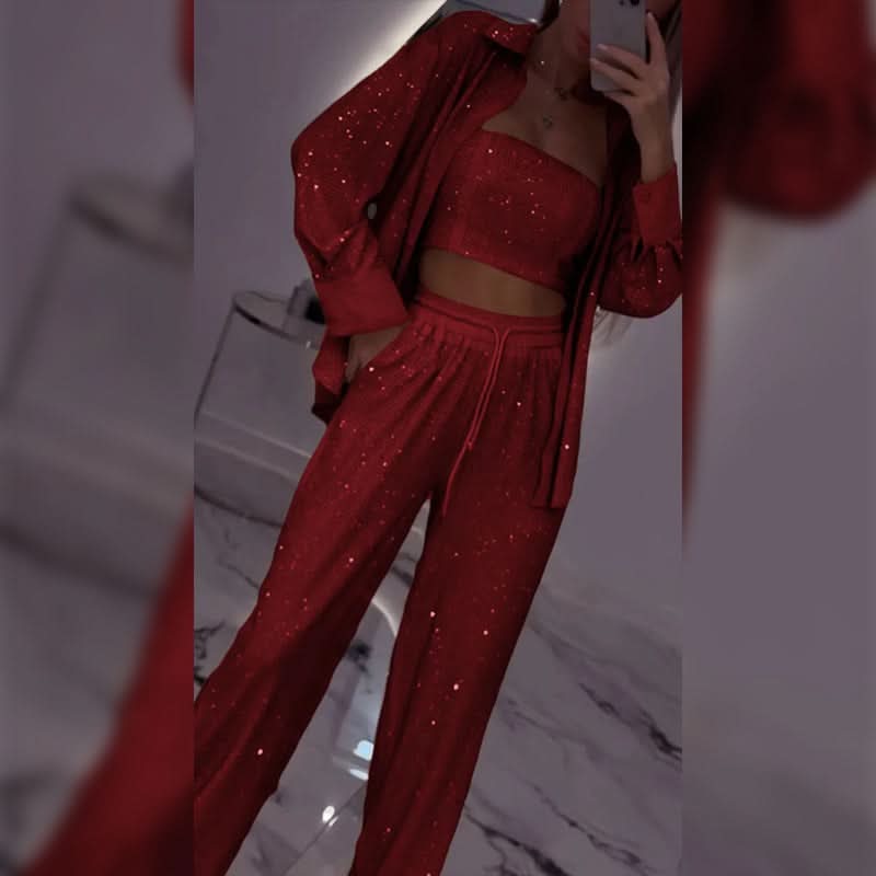 Glitter Blazer Met Pailletten en Wijde Broek voor dames(3-delige Set)