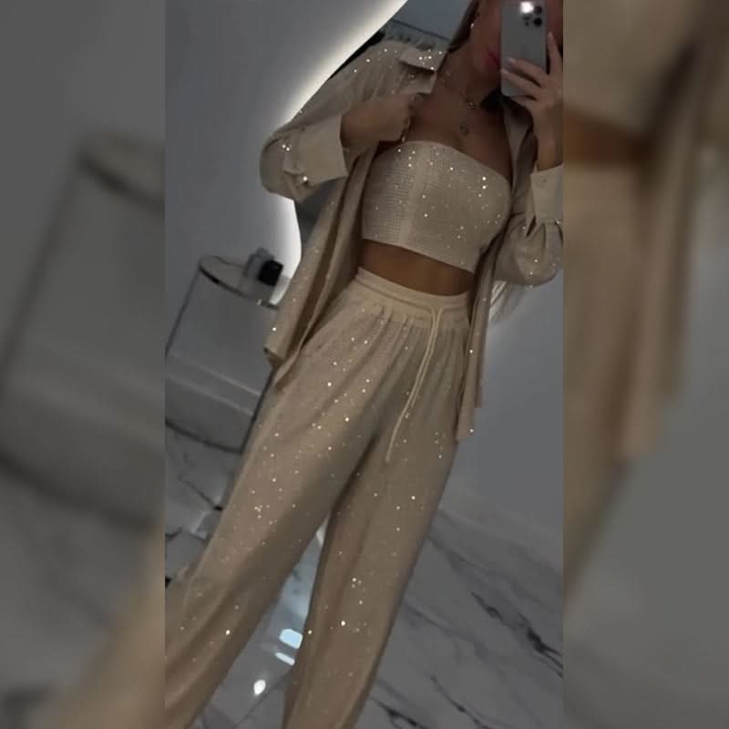 Glitter Blazer Met Pailletten en Wijde Broek voor dames(3-delige Set)