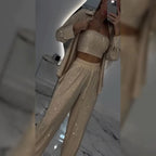 Glitter Blazer Met Pailletten en Wijde Broek voor dames(3-delige Set)