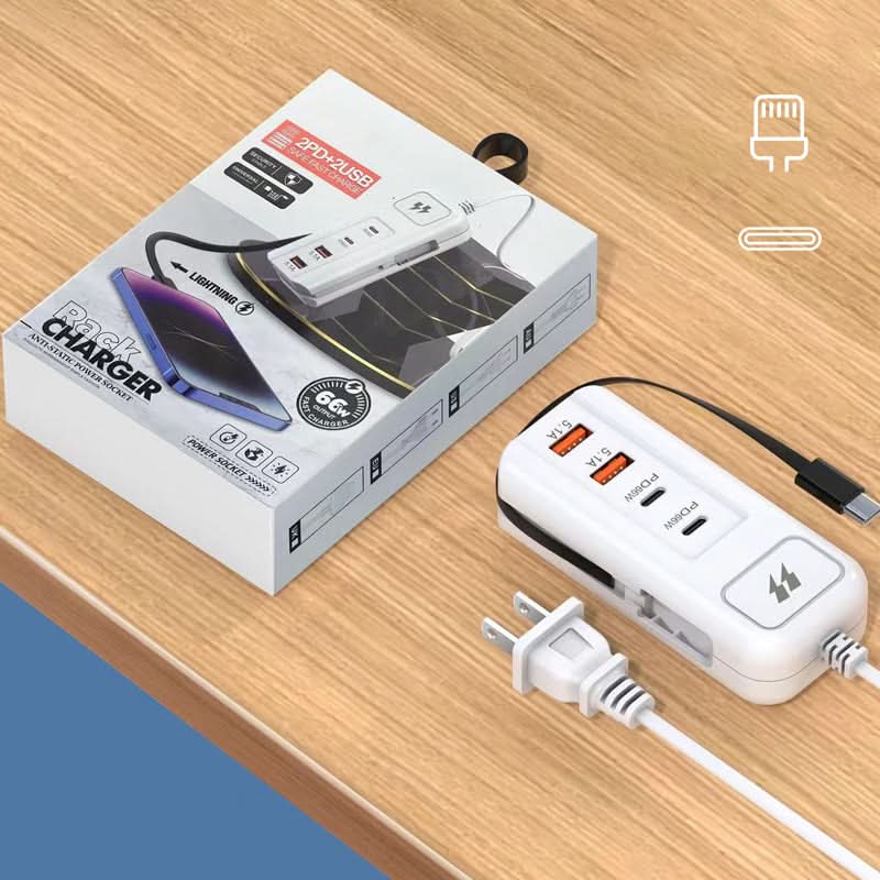 🎄Kerstdeal ALTIJD 50% KORTING!⚡ 66W Multifunctioneel Snellaadstopcontact (2PD+2USB): Ingebouwde Type-C Kabel + UK/EU/US Plug – Veilig & Compact！