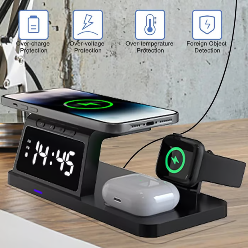 4-in-1 Snel Draadloos Oplaadstation met Klok