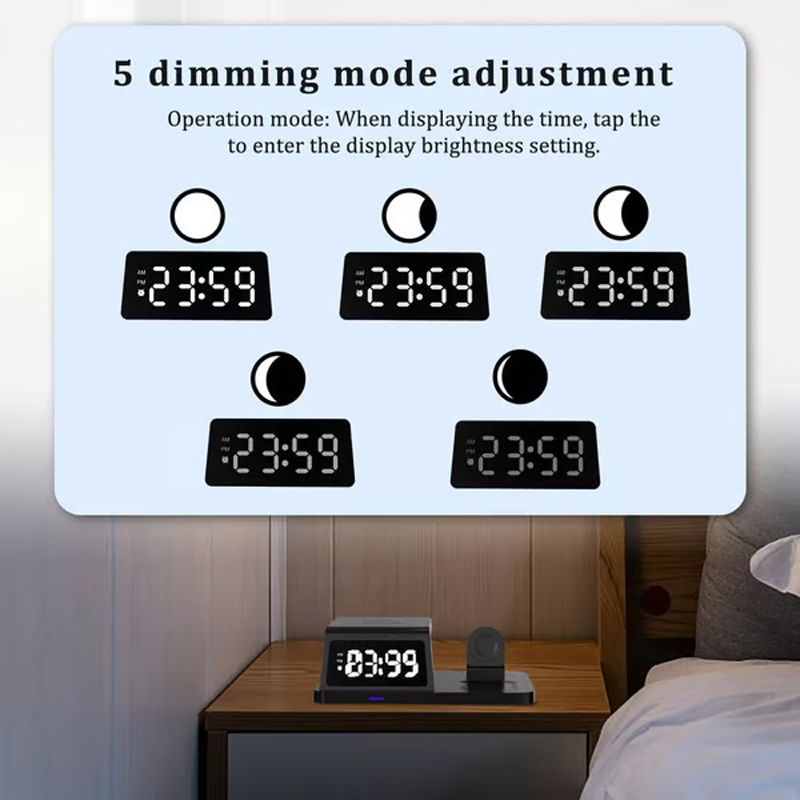 4-in-1 Snel Draadloos Oplaadstation met Klok