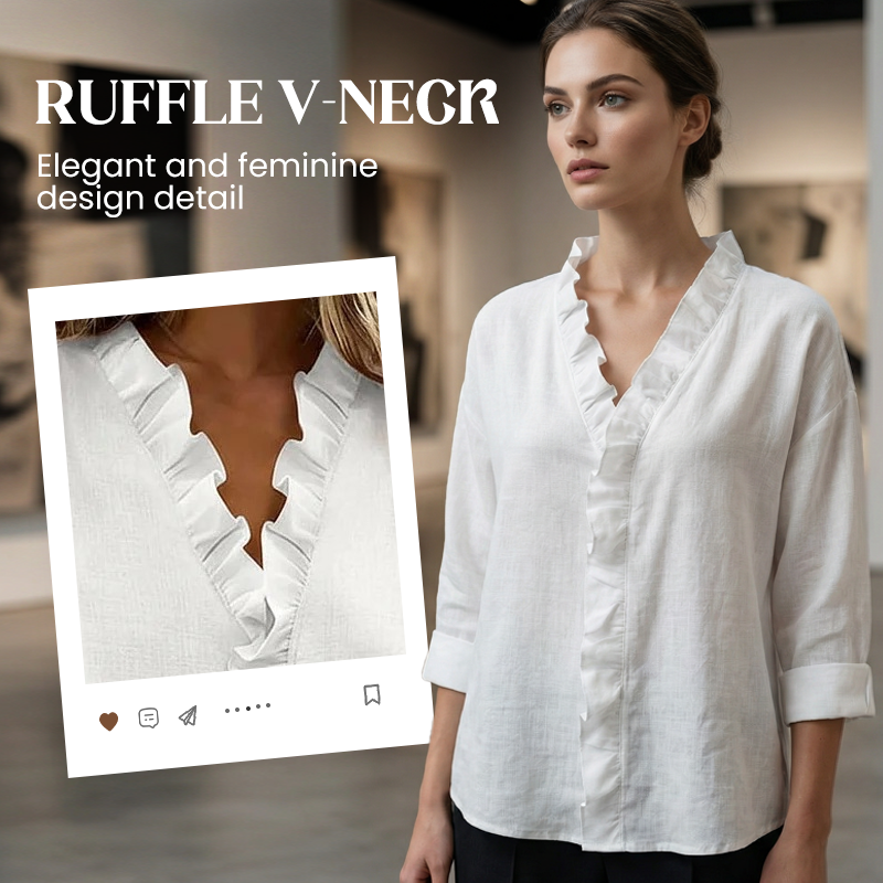 Damesblouse met ruches. V-hals en lange mouwen