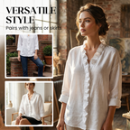 Damesblouse met ruches. V-hals en lange mouwen
