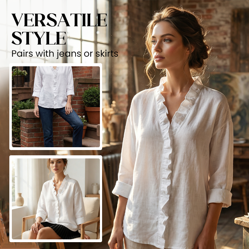 Damesblouse met ruches. V-hals en lange mouwen