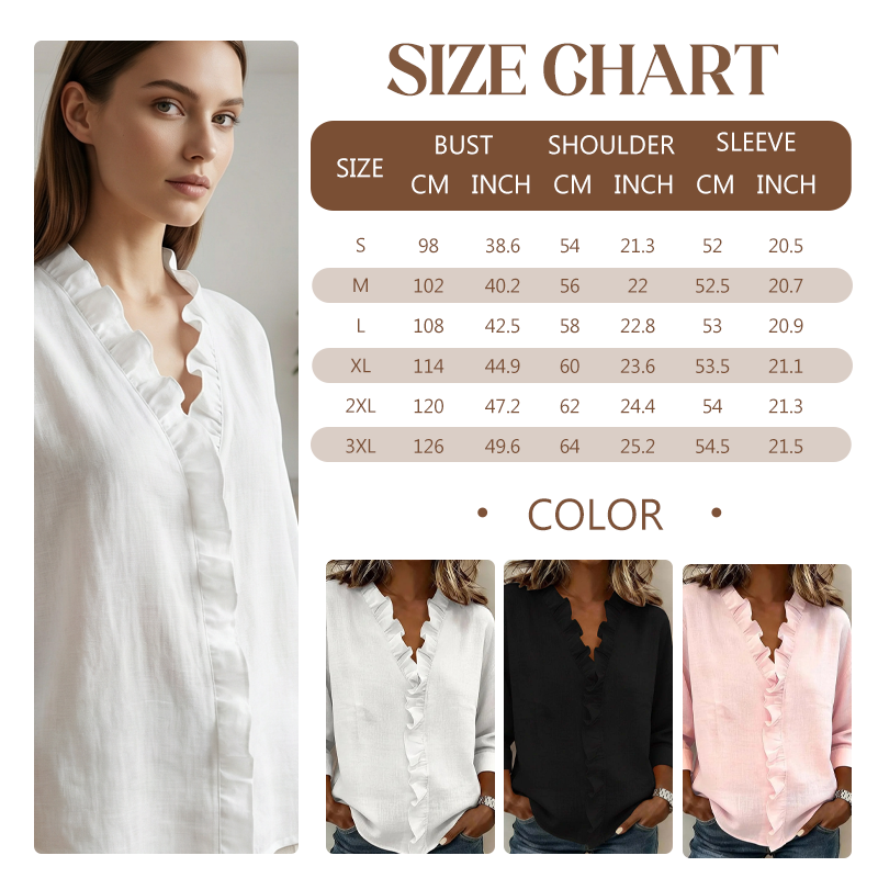 Damesblouse met ruches. V-hals en lange mouwen