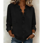 Damesblouse met ruches. V-hals en lange mouwen