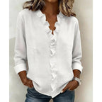 Damesblouse met ruches. V-hals en lange mouwen