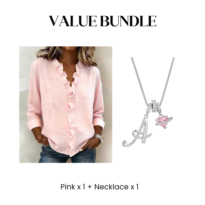 Damesblouse met ruches. V-hals en lange mouwen